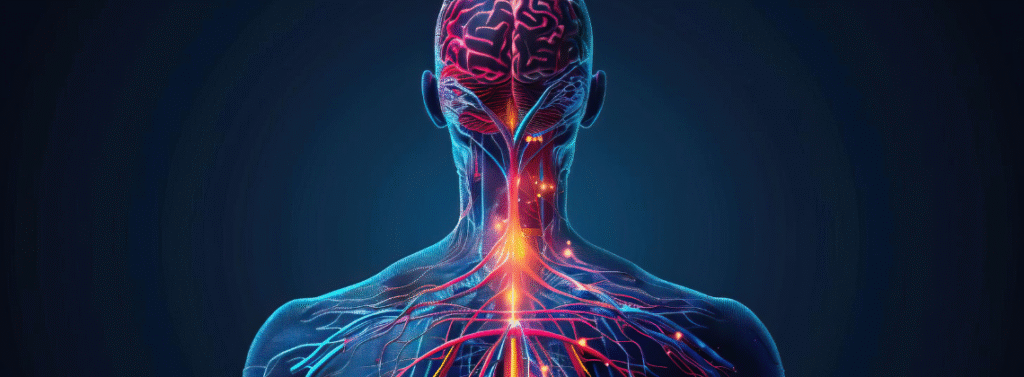 Visualização digital da parte posterior de um corpo humano transparente, com o cérebro destacado em vermelho e rosa, e uma rede de nervos e vasos iluminados em laranja e azul percorrendo a coluna vertebral e o tronco.