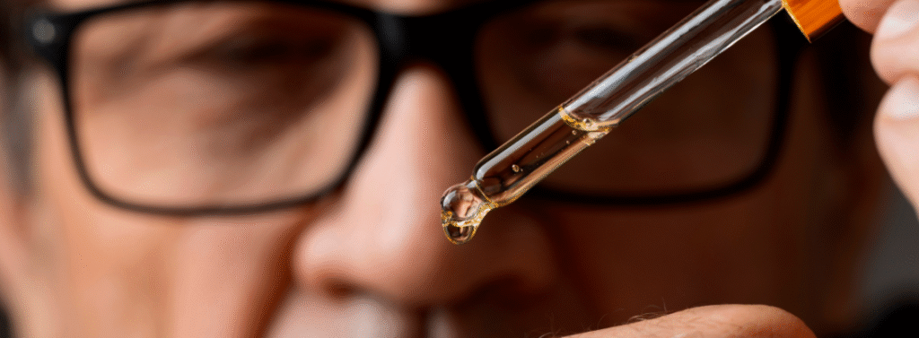 Pessoa olhando uma gota de extrato de Cannabis